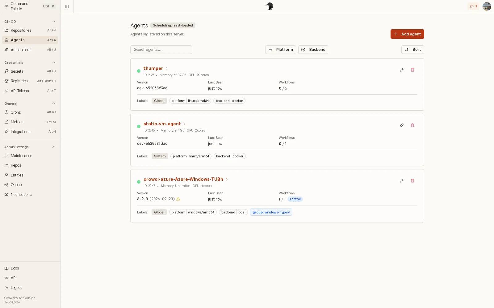 The Crow agent list with labels, versions and workflow capacity