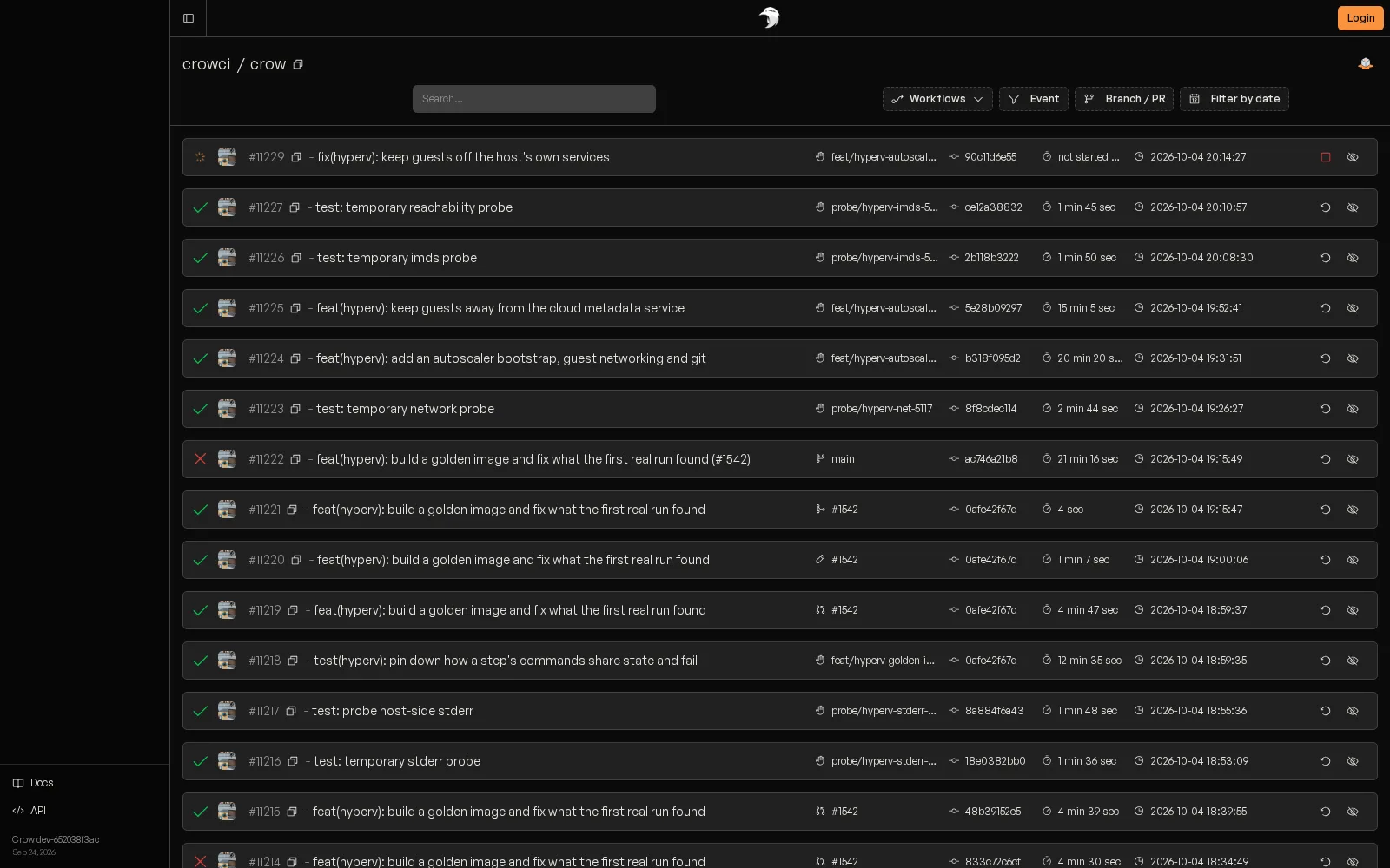 The pipeline list of a repository in Crow